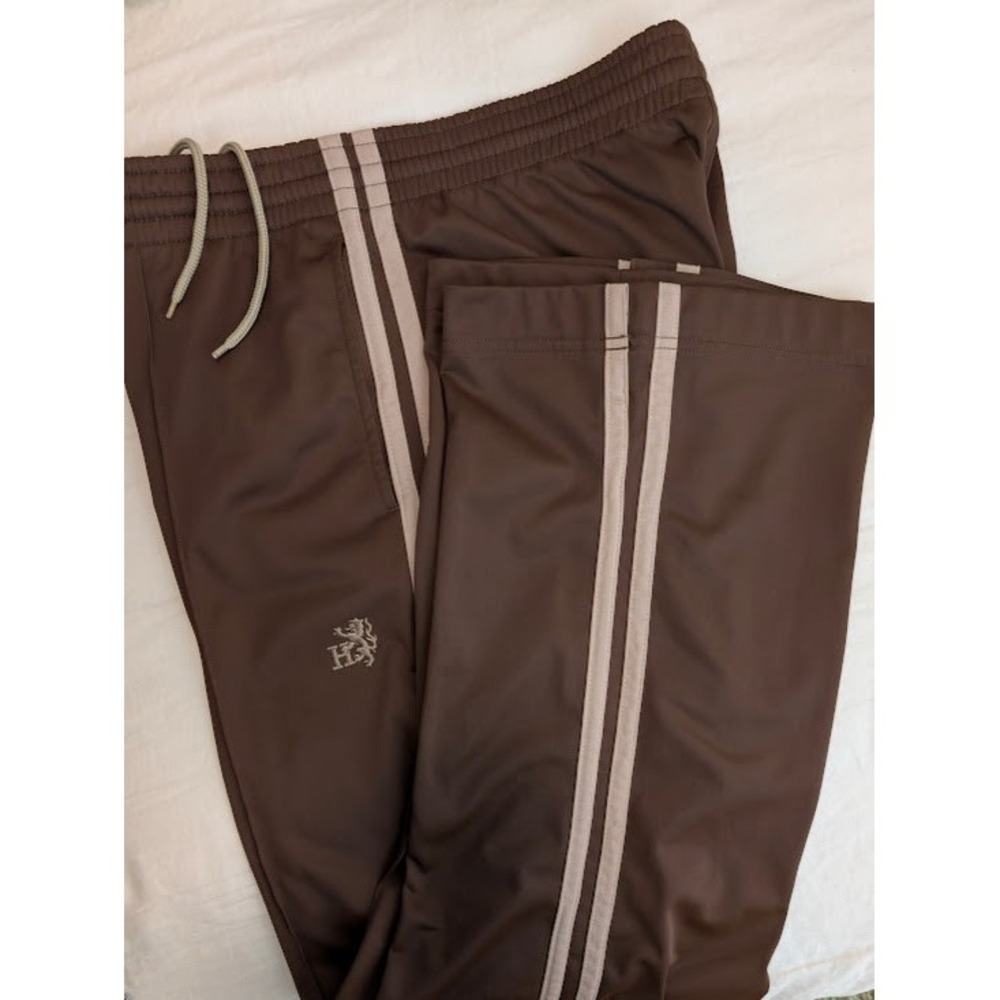 Y2K Hollister Baggy Track Pants Mens M Brown Tan Striped Straight Leg Lion Logo